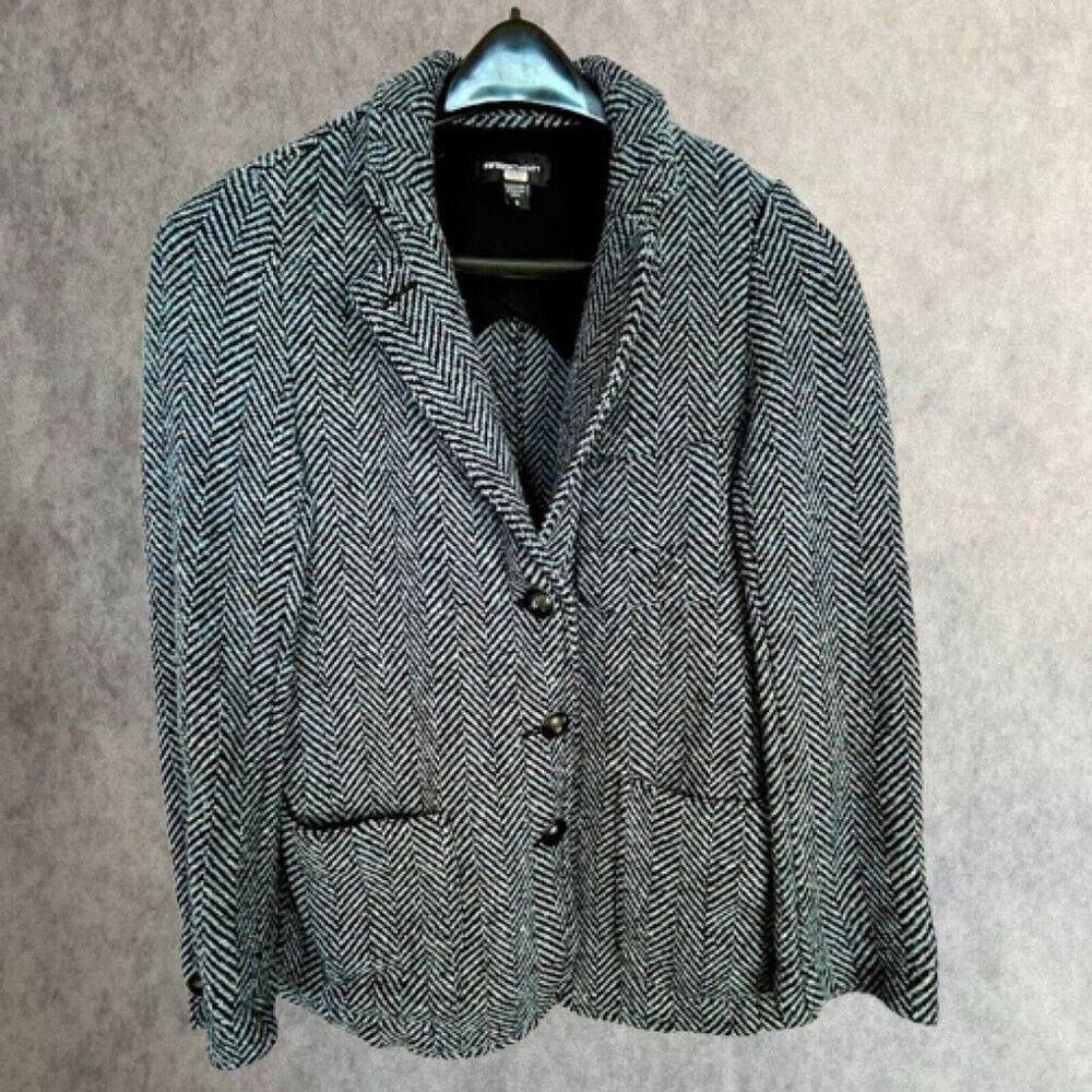 1520 Herringbone Blazer Womens Small Wool Blend Tweed $325 Needs New Buttons
